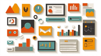 Flat design icons for data analysis, project management, and communication.