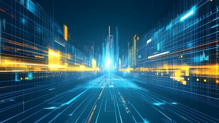 Wall Mural - futuristic city digital landscape with glowing lines and data streams.