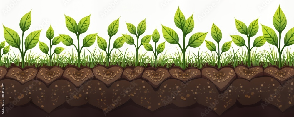 Green plants grow in rows in soil. Healthy plants show rich growth ...