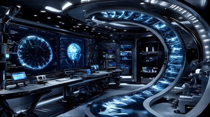 Wall Mural - futuristic control room with glowing displays and advanced technology.