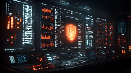 Wall Mural - futuristic control room with glowing security shield on main monitor.