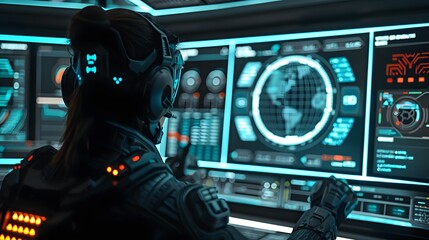 Wall Mural - futuristic female astronaut monitoring earth on a spaceship's control panel.