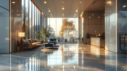 Aufkleber - Interior of a modern corporate office, featuring sleek furniture, open workspaces, and large windows allowing natural light. The style contemporary, with a neutral color palette and minimalist design.