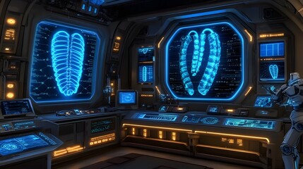Wall Mural - futuristic science lab interior with holographic displays of biological structures and robotic prese