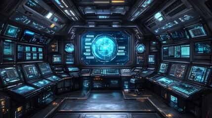 Wall Mural - futuristic spaceship bridge interior with high-tech consoles and screens.