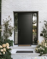 Poster - Stylish black door with white brick walls and subtle floral plant arrangements.