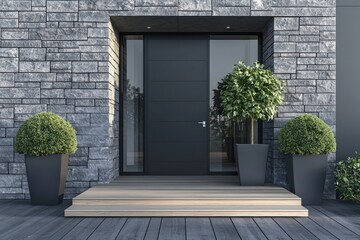 Wall Mural - Modern home with a sleek black front door, wooden steps, and grey stone wall.