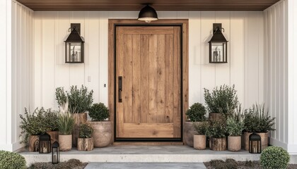 Wall Mural - A farmhouse entry with a wooden door, lanterns, and minimalist plant arrangements.