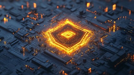 Wall Mural - glowing hexagon cpu on circuit board.