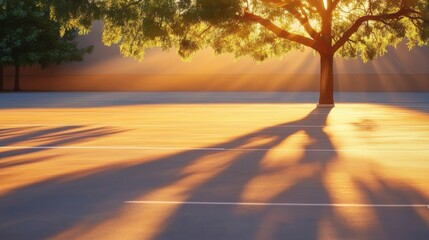 Poster - Sunlight filters through the branches of a tree, casting long shadows on the ground, AI