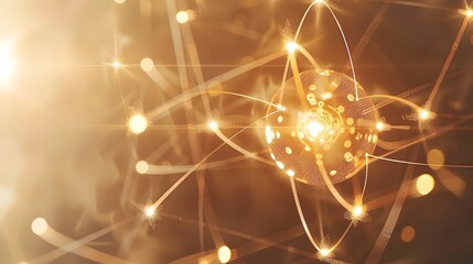 Wall Mural - golden atom model with glowing particles and energy orbits.
