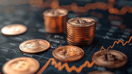 Poster - Digital charts with rising coins, exponential curves, finance theme, 3D illustration.