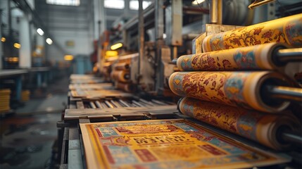 Poster - Modern printing press producing Buddhist newspapers and journals, advanced printing machines in operation, colorful Buddhist texts and illustrations being printed on high-quality paper.
