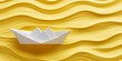 © Gular - White paper boat resting on yellow wavy sand, symbolizing drought and desertification. This image highlights the critical issues of climate change and environmental conservation. Front view.
