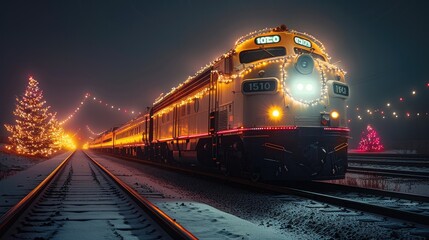 Aufkleber - Streamlined diesel train with Christmas decorations, vibrant lights and festive garlands.