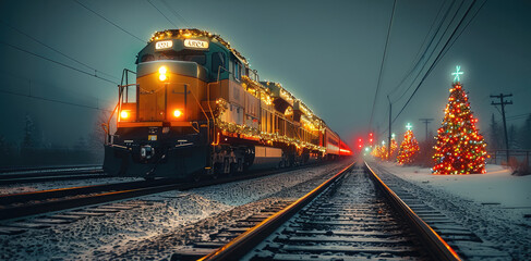 Aufkleber - Streamlined diesel train with Christmas decorations, vibrant lights and festive garlands.