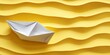 © Gular - White paper boat resting on yellow wavy sand, symbolizing drought and desertification. This image highlights the critical issues of climate change and environmental conservation. Front view.