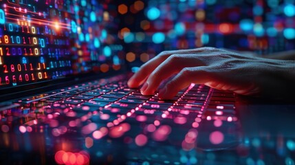 Hacker typing on a laptop with binary code