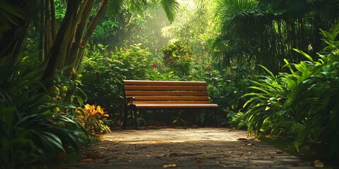 Poster - Benches surrounded by lush greenery create a serene atmosphere, perfect for relaxing and enjoying the beauty of nature. Experience the tranquility of benches in the heart of nature.