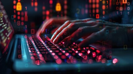 Hacker typing on a laptop with binary code