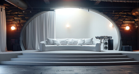 Aufkleber - An elevated small stage with an open, half circle sofa with a DJ table ahead.