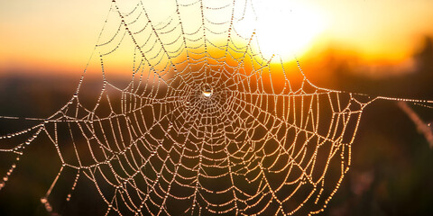 Golden Morning Light on a Dewy Spider Web