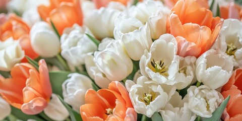 Poster - Close up of blooming tulips showcasing a vibrant bouquet of white and orange tulips, highlighting the beauty of nature s flora in a stunning composition of tulips.