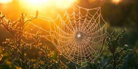 Golden Morning Light on a Dewy Spider Web