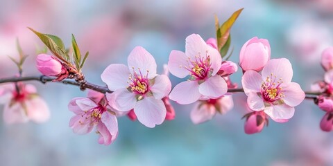 Aufkleber - Pink flowers bloom on an almond tree branch during spring, creating a stunning display. The vibrant pink flowers of the almond tree branch enhance the beauty of the spring season.