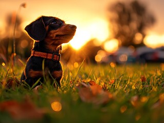 Wall Mural - A charming puppy sits in a grassy field during sunset, surrounded by autumn leaves, creating a warm and serene atmosphere.