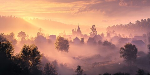Fototapete - Misty village landscape at sunrise showcasing the beauty of fog in the early morning. The serene fog in the village creates a captivating scene during sunrise. Fog enhances the picturesque moment.