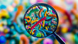 © Nikname - Detailed illustration of bacteria viewed through a magnifying glass, showing colorful microscopic organisms with various shapes and textures.
