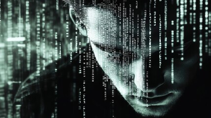 Software developer coding with lines of code reflected in the computer screen
