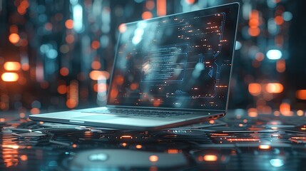 Fototapete - A silver-gray laptop floating around is surrounded by holographic projection of science fiction technology.