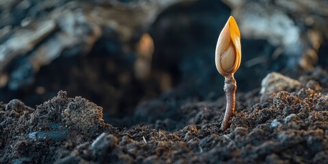 Aufkleber - Yellowwood tree seedling emerging from rich soil, showcasing its seed cap still attached a promising glimpse of new life as the yellowwood tree begins its journey of growth.