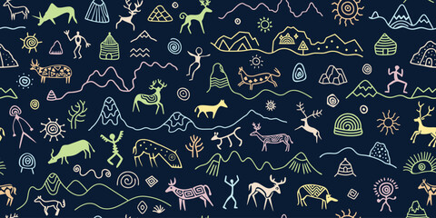 Wall Mural - Seamless petroglyph pattern, rock paintings, naive art, vector design