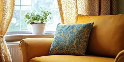 Aufkleber - Cozy small living room featuring a window adorned with curtains. The small interior space includes a vibrant yellow sofa and a decorative pillow, enhancing the charm of the living room.