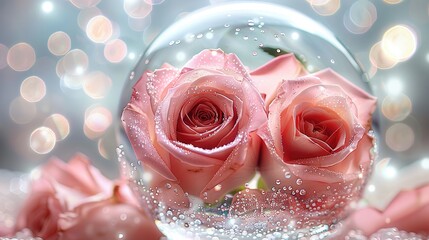 Poster - Beautiful pink roses in the shape of a heart inside a clear glass bubble, with a sparkling glitter and beaded background.