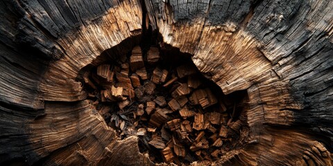 Aufkleber - Brittle wood texture created by insects can be seen inside a deceased, dried tree trunk, showcasing dark brown wood chips at its core, highlighting the intricate details of brittle wood texture.