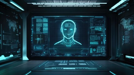 Virtual AI assistant concept with chatbot interface on futuristic screen