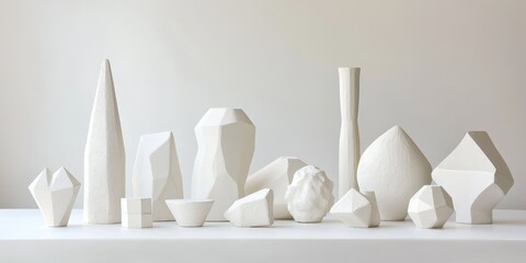 Aufkleber - Geometric gypsum figures arranged artistically on a clean white background showcase unique shapes and textures, highlighting the beauty of geometric design in gypsum displays.