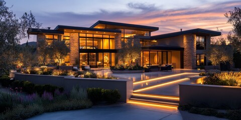 Poster - A stunning private home beautifully illuminated at sunset, showcasing the enchanting ambiance of this private home and its captivating surroundings during the golden hour of sunset.