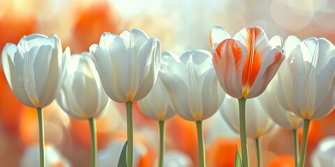 Poster - Close up of blooming tulips showcasing a vibrant bouquet of white and orange tulips, highlighting the beauty of nature s flora in a stunning composition of tulips.