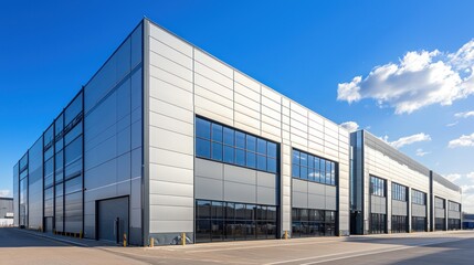 Wall Mural - Industrial warehouse with a mix of light gray and silver, large black windows.