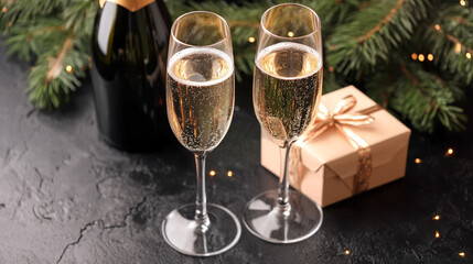 Celebration setup with champagne, two glasses, gift box and decoration on dark, classy background, new year celebration