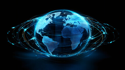 Aufkleber - Futuristic digital planet earth rotating with glowing blue lines orbiting around, on black background