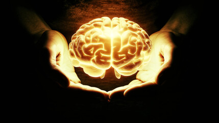 Poster - Hands cradling a luminous human brain, symbolizing the protection of ideas, innovation, and intelligence