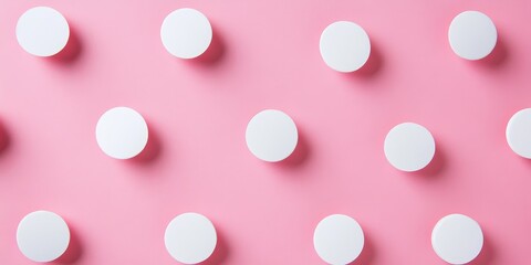 Aufkleber - White polka dots on a pink background create a charming paper pattern. This high quality photo captures the delightful essence of white polka dots, perfect for various design projects.