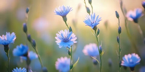 Aufkleber - Chicory flowers bloom on tall stems in the wild, creating a stunning field of wild herbal plants. The vibrant chicory flowers stand out against the soft, blurred green natural background.