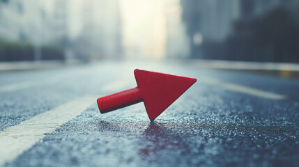 Aufkleber - Red arrow indicating the way forward on a deserted city street after rain, symbolizing future, advancement, and fresh paths